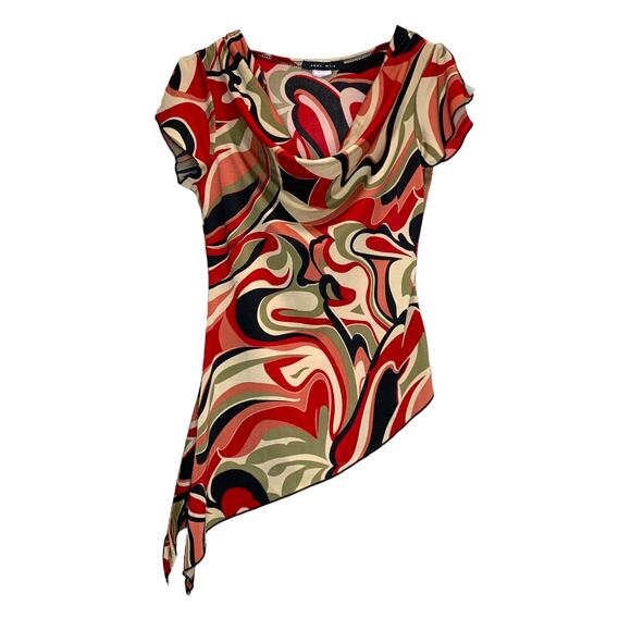 Vintage Funky Y2K Red Swirl Blouse Top Asymmetrical Medium - Picture 1 of 4